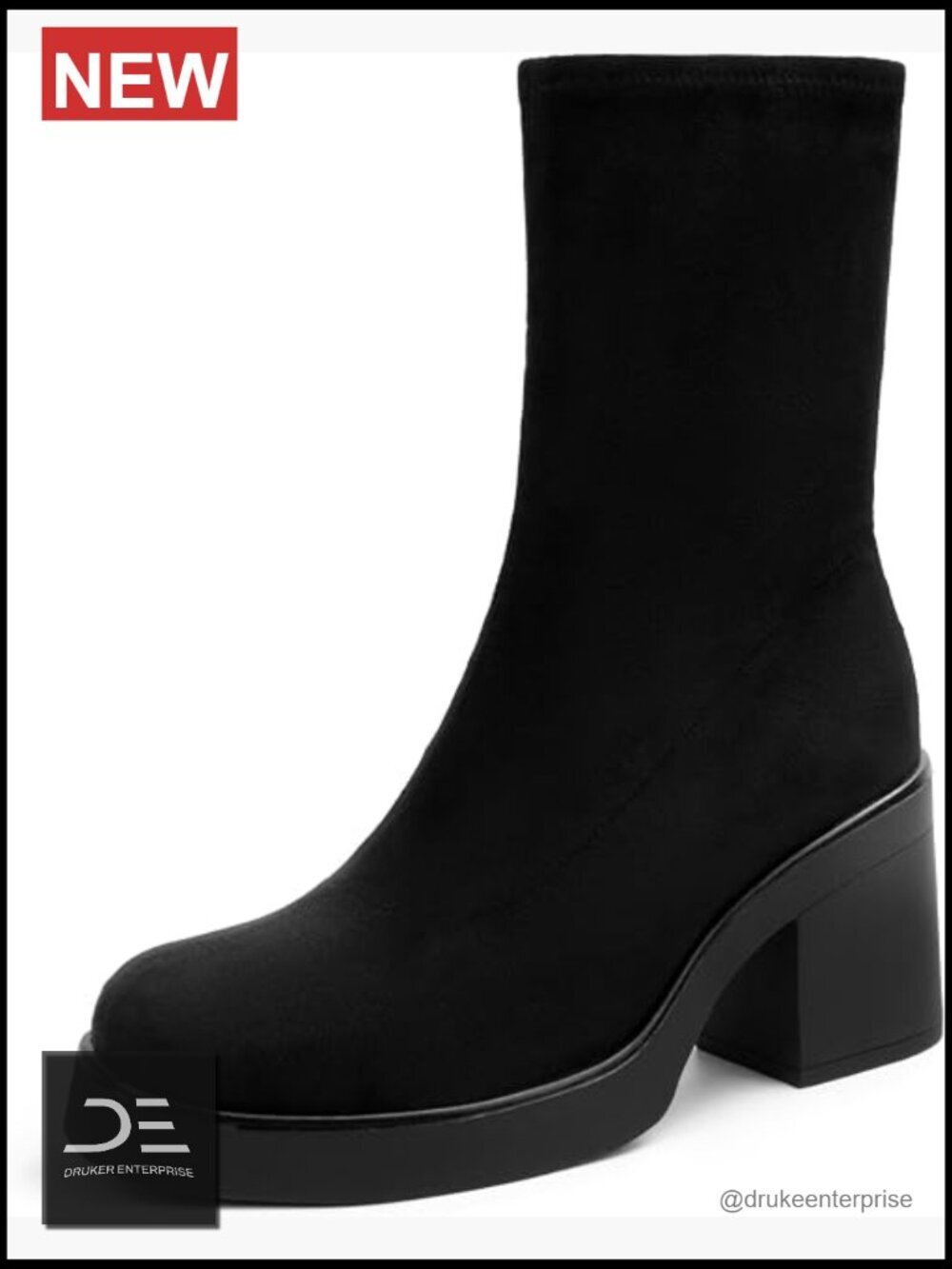 Square Toe Stretch Mid Boots Calf Slouchy Platform Booties Suede Zip Chunky